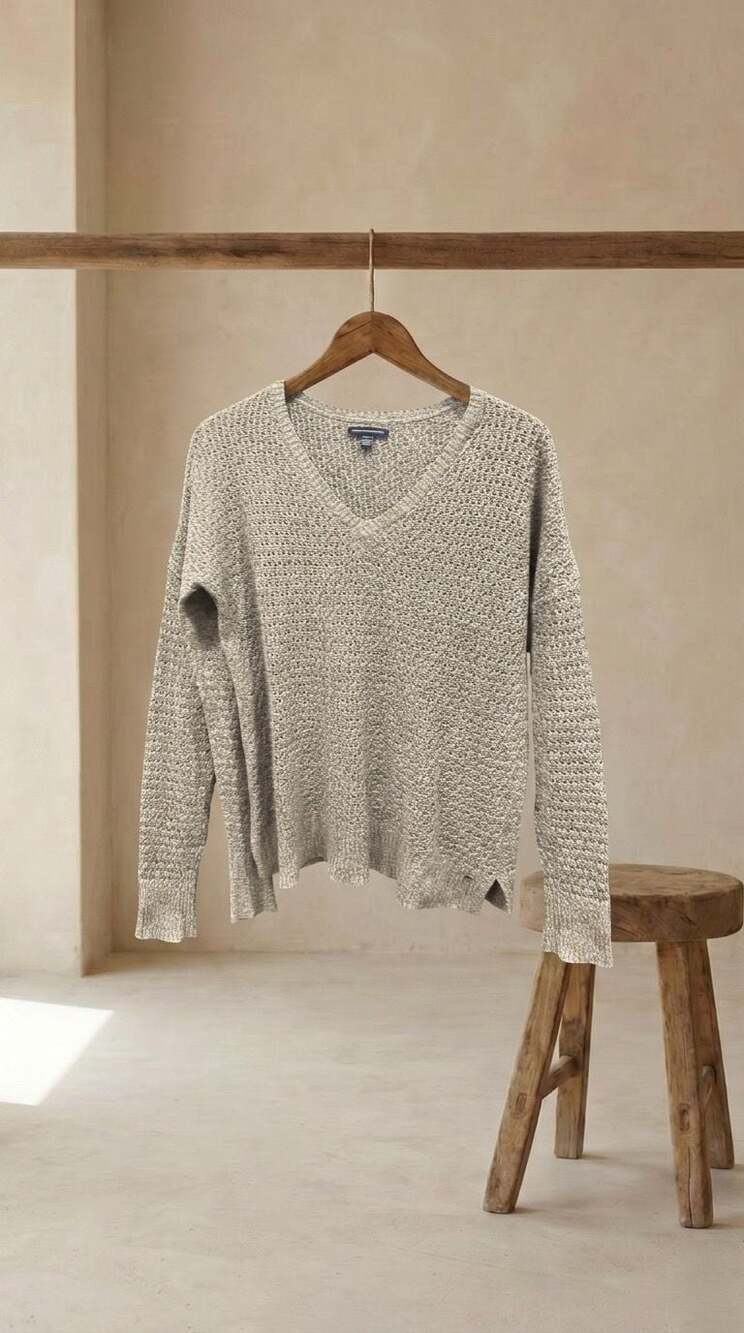 American Eagle Outfitters Women's Open Stitch V-Neck Long Sleeve Sweater in Beig